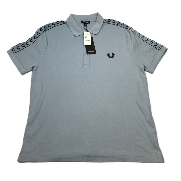 True Religion Polo Shirt Mens Large Sky‎ Blue Damask Logo Tape Trim $79 NEW - Picture 1 of 8